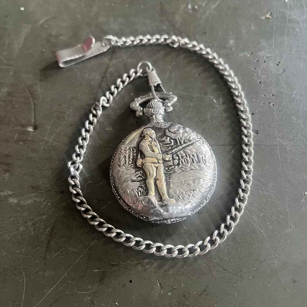 Vintage Milan Silver Toned Analog Pocket Watch Date Indicator Fisherman